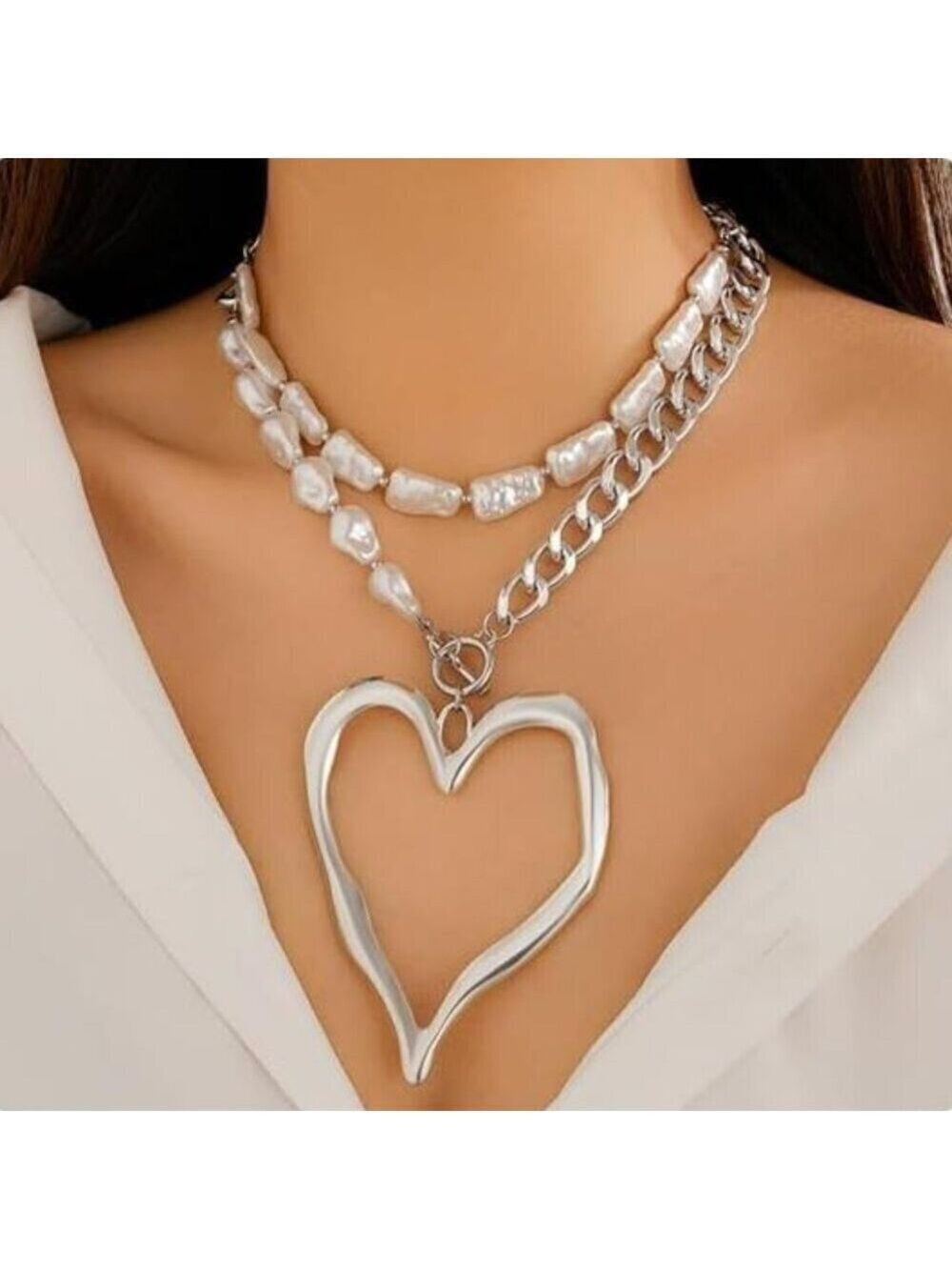 Silver Tone Heart Necklace Large Heart Statement Long Chain Pearl Jewelry